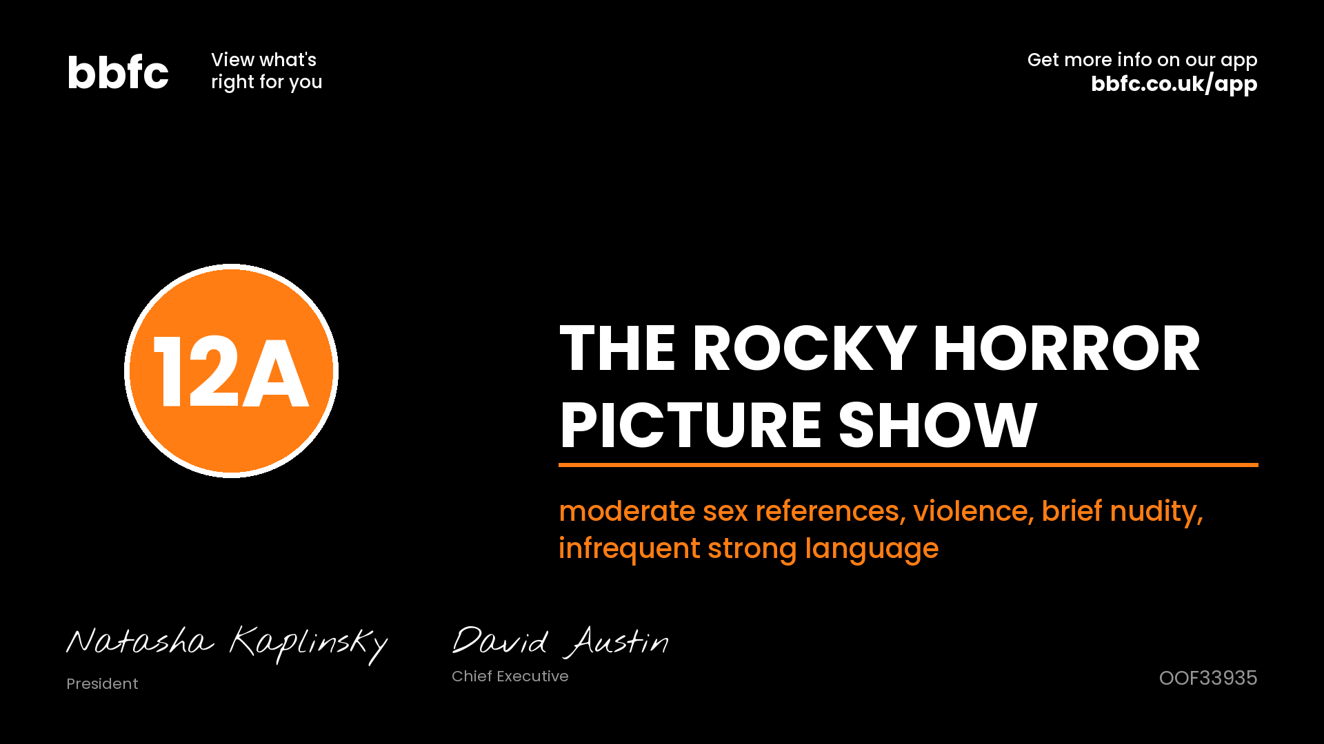 BBFC certificate for The Rocky Horror Picture Show
