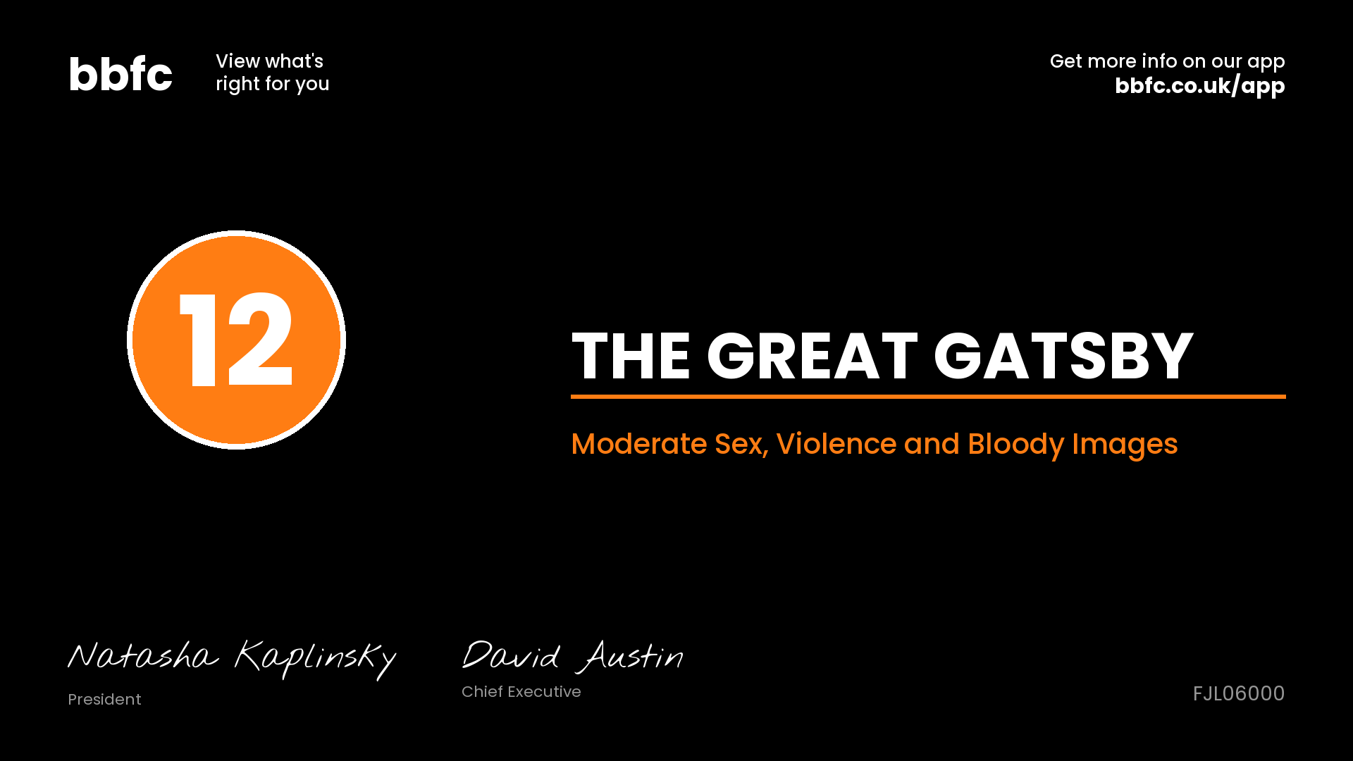 BBFC certificate for The Great Gatsby 2013